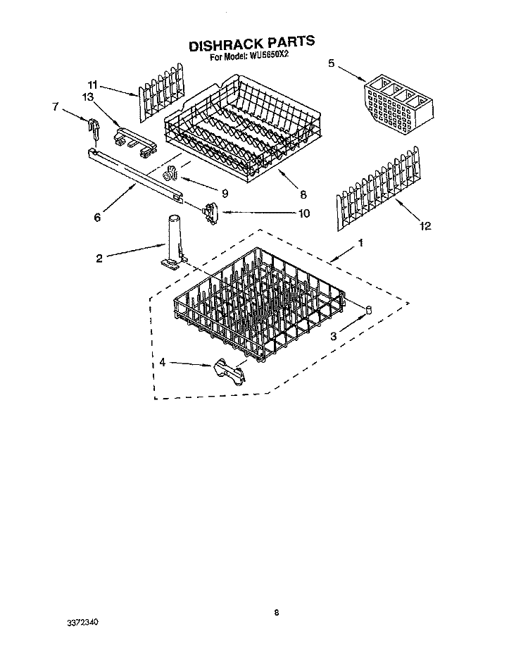DISHRACK Diagram and Parts List for WU5650X2  Roper Dishwasher