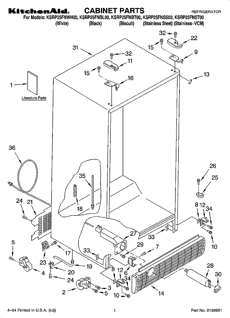 CABINET PARTS Diagram and Parts List for KSRP25FNBT00  KitchenAid Refrigerator