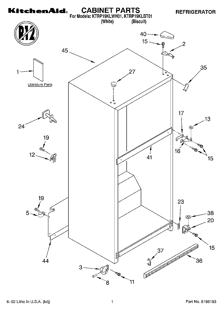 CABINET, LITERATURE Diagram and Parts List for KTRP19KLWH01  KitchenAid Refrigerator