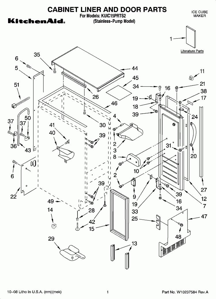 CABINET LINER AND DOOR PARTS Diagram and Parts List for KUIC15PRTS2  KitchenAid Ice Maker