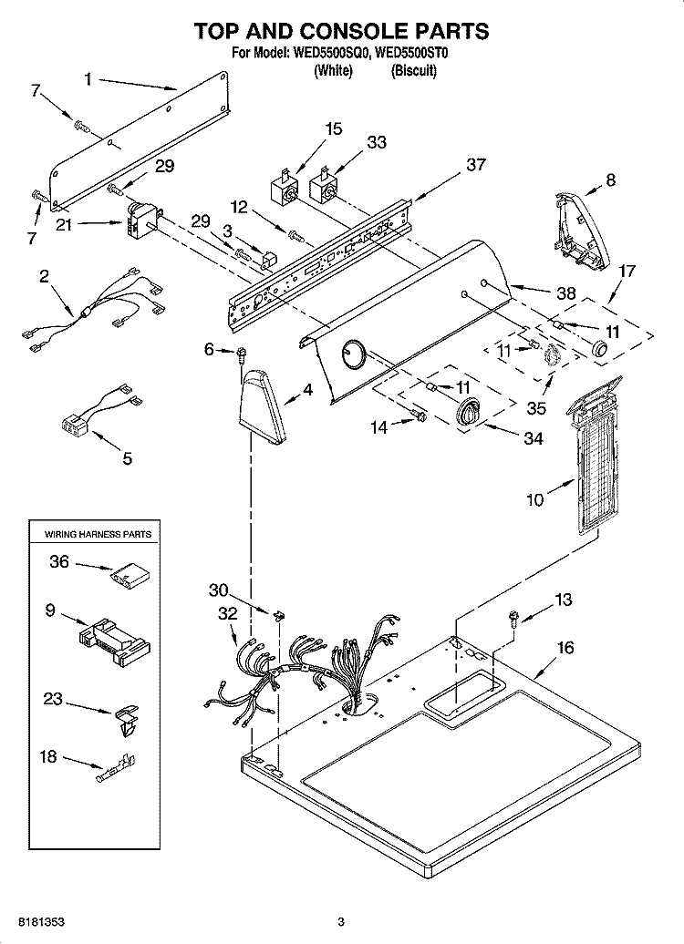 TOP AND CONSOLE PARTS Diagram and Parts List for WED5500ST0  Whirlpool Dryer
