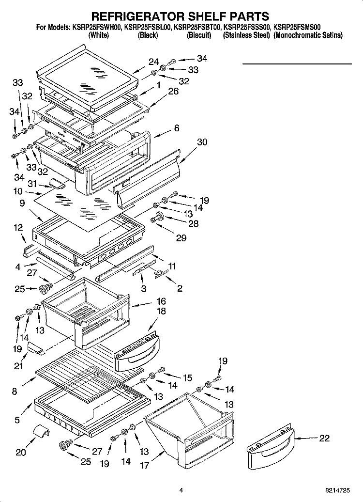 REFRIGERATOR SHELF PARTS Diagram and Parts List for KSRP25FSBL00  KitchenAid Refrigerator