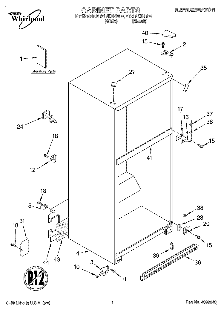 CABINET, LITERATURE Diagram and Parts List for ET21PKXGW03  Whirlpool Refrigerator