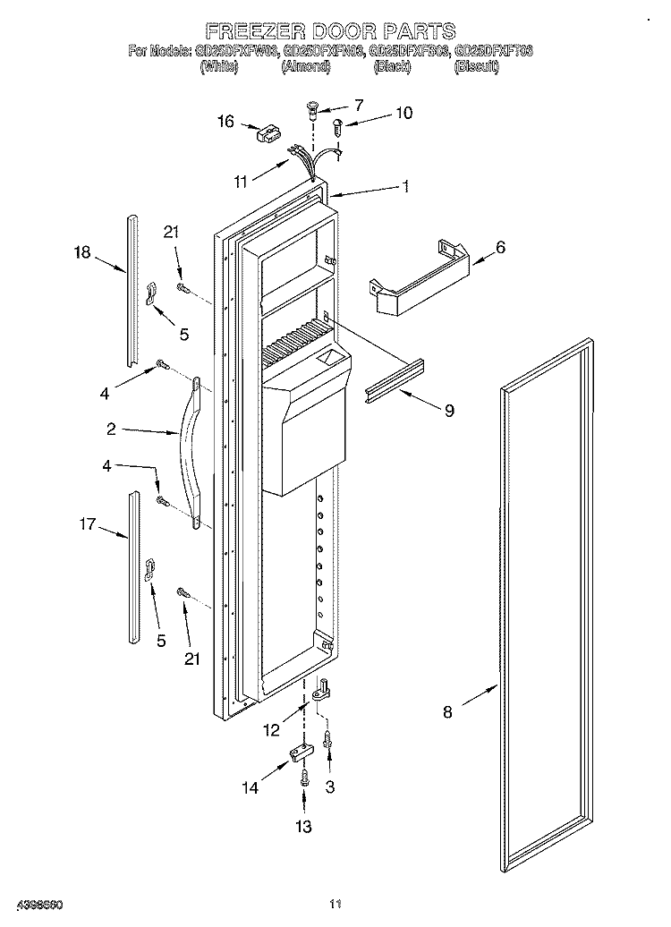 FREEZER DOOR Diagram and Parts List for GD25DFXFB03  Whirlpool Refrigerator