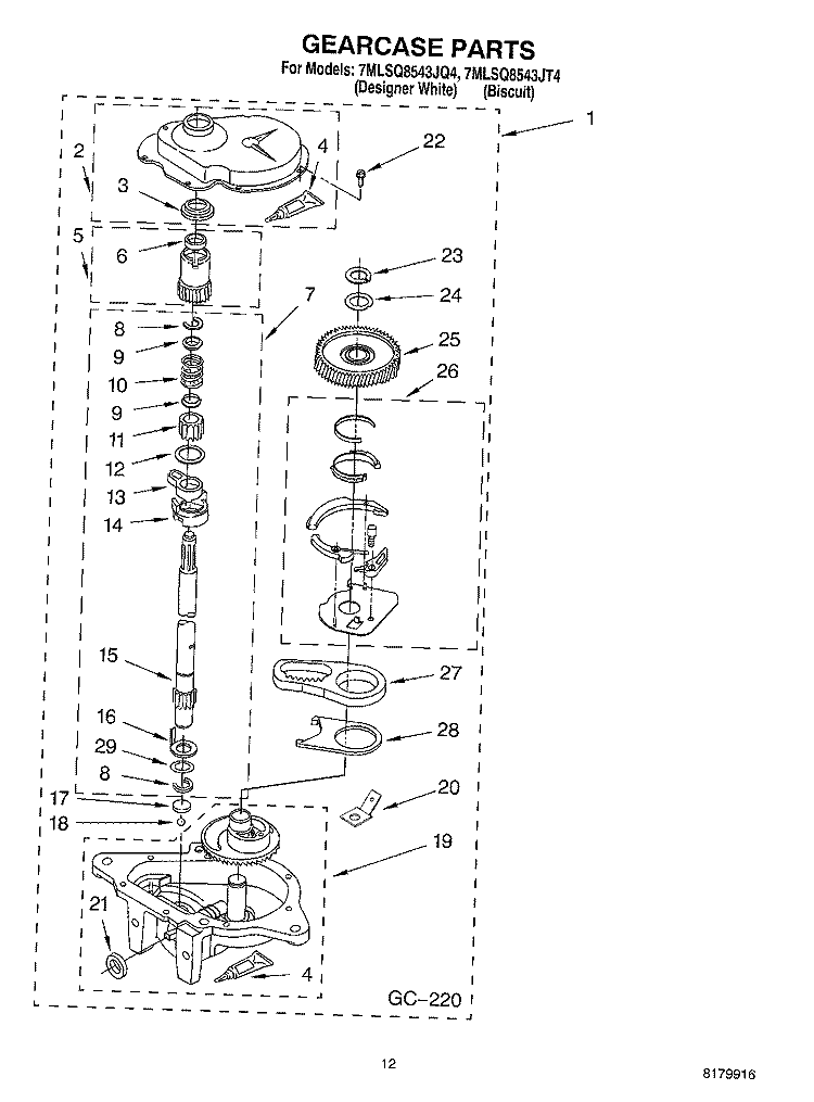 GEARCASE Diagram and Parts List for 7MLSQ8543JQ4  Whirlpool Washer