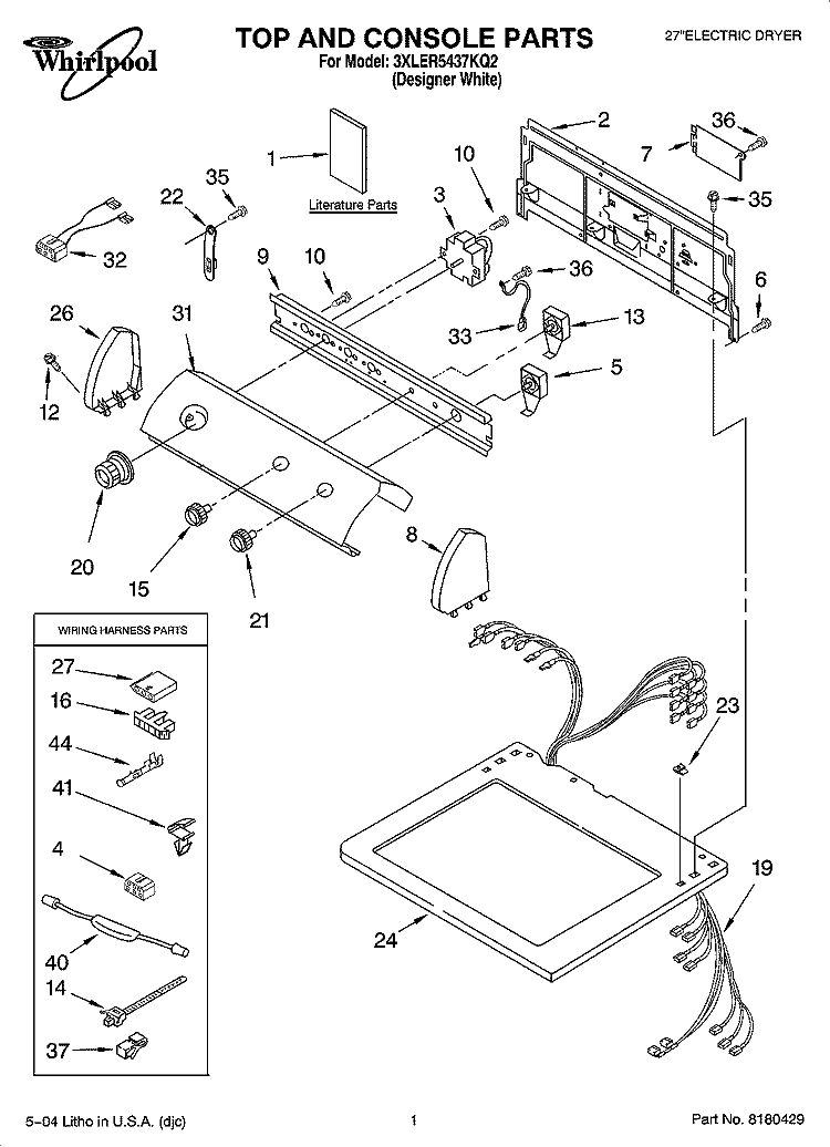TOP AND CONSOLE PARTS Diagram and Parts List for 3XLER5437KQ2  Whirlpool Dryer