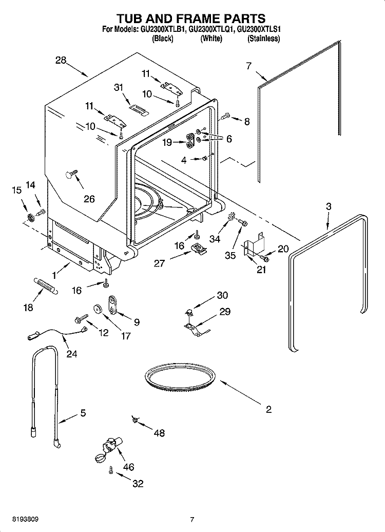 TUB AND FRAME PARTS Diagram and Parts List for GU2300XTLB1  Whirlpool Dishwasher