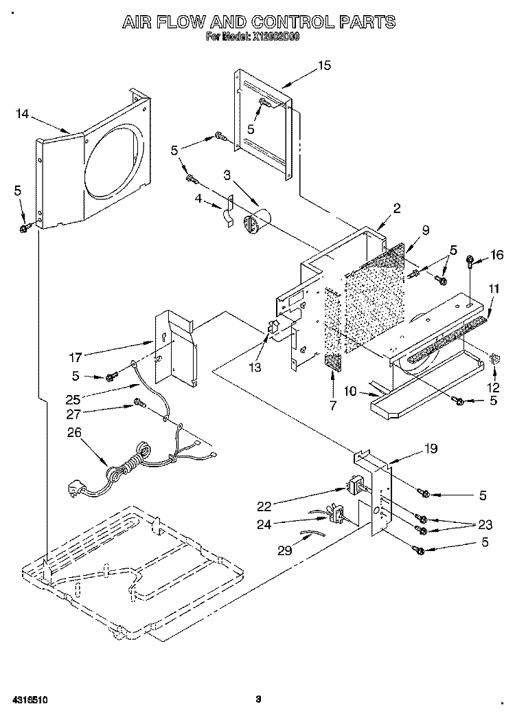 AIR FLOW AND CONTROL Diagram and Parts List for X12002D00  Roper Air Conditioner