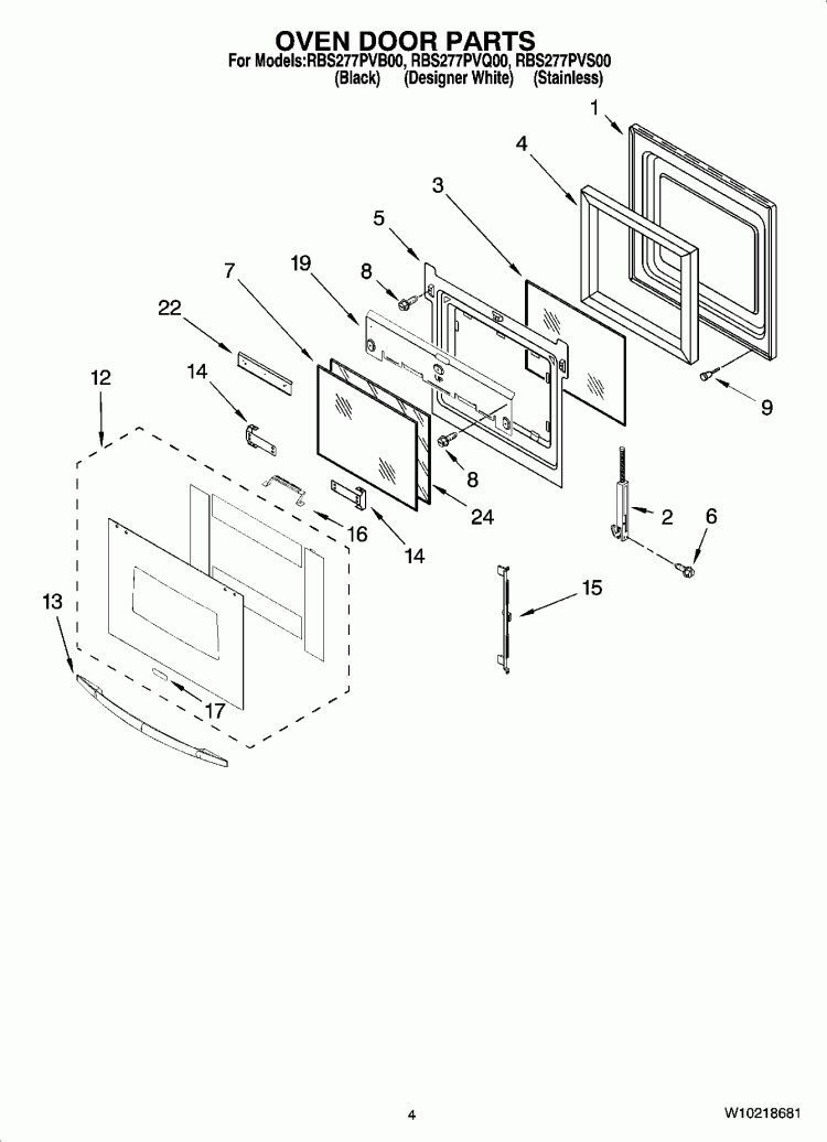 OVEN DOOR PARTS Diagram and Parts List for RBS277PVQ00  Whirlpool Wall Oven