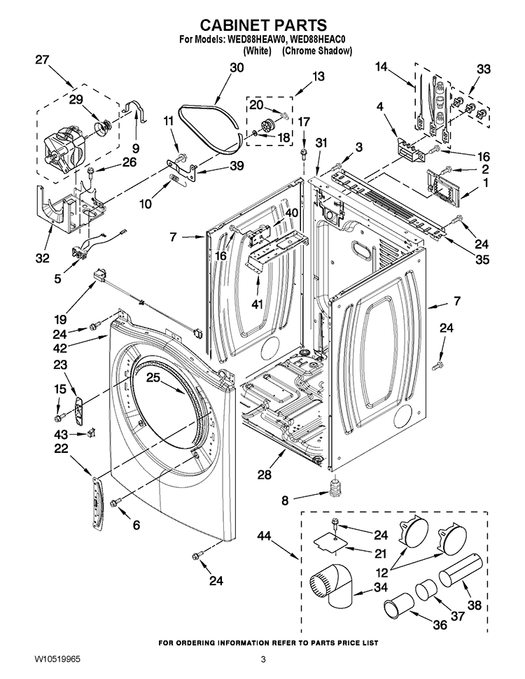 CABINET PARTS Diagram and Parts List for WED88HEAW0  Whirlpool Dryer