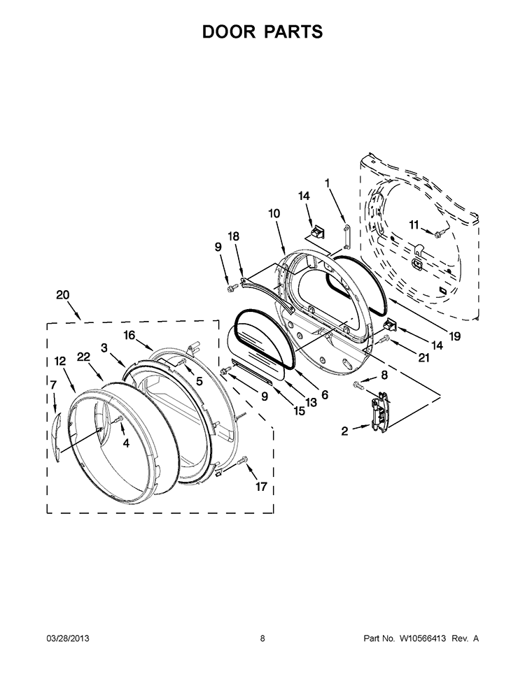 DOOR PARTS Diagram and Parts List for 3LCED9100WQ2  Whirlpool Dryer