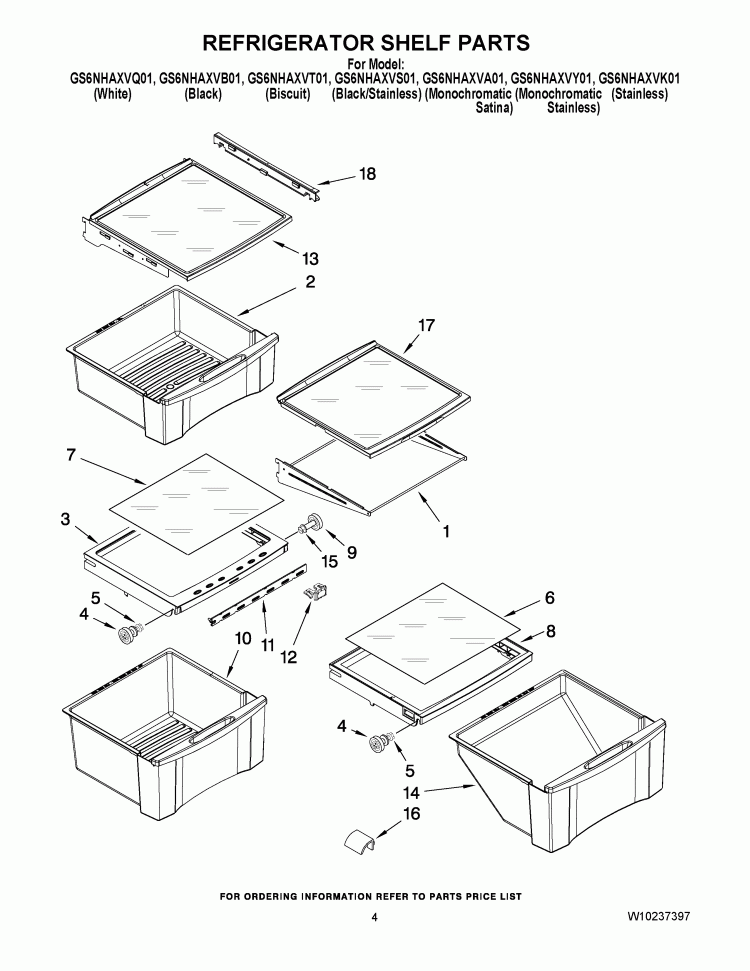 REFRIGERATOR SHELF PARTS Diagram and Parts List for GS6NHAXVK01  Whirlpool Refrigerator