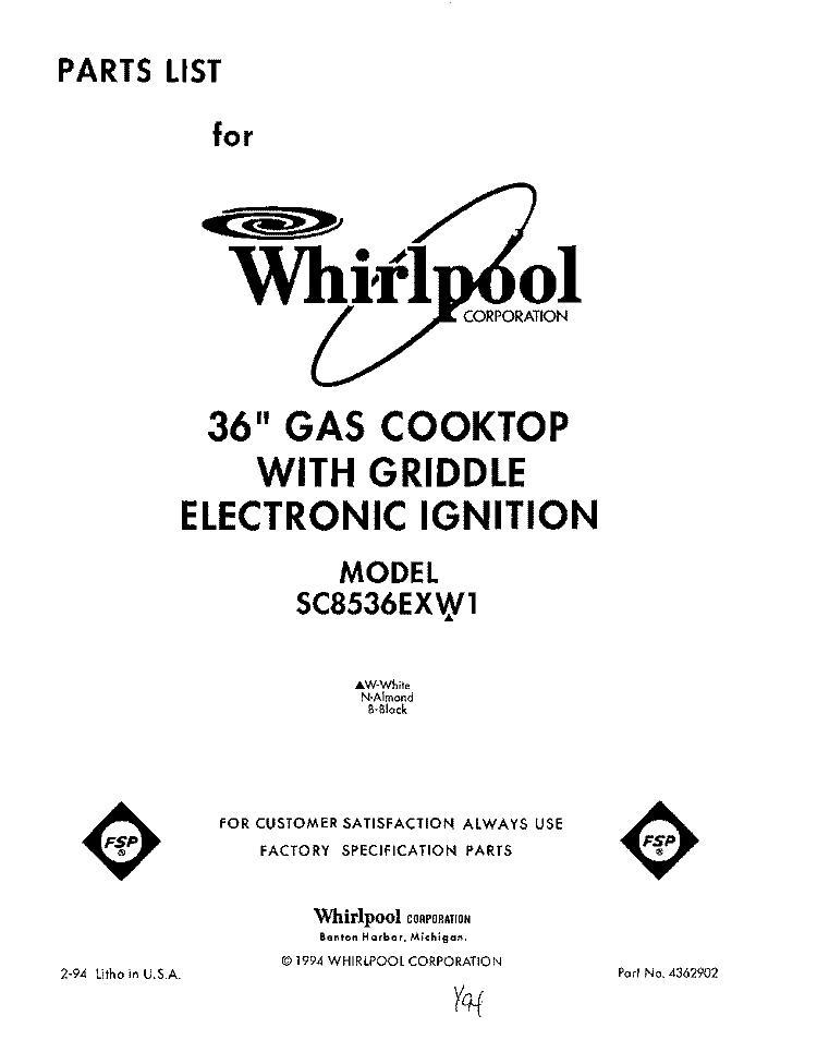 SECTION Diagram and Parts List for SC8536EXN1  Whirlpool Cooktop