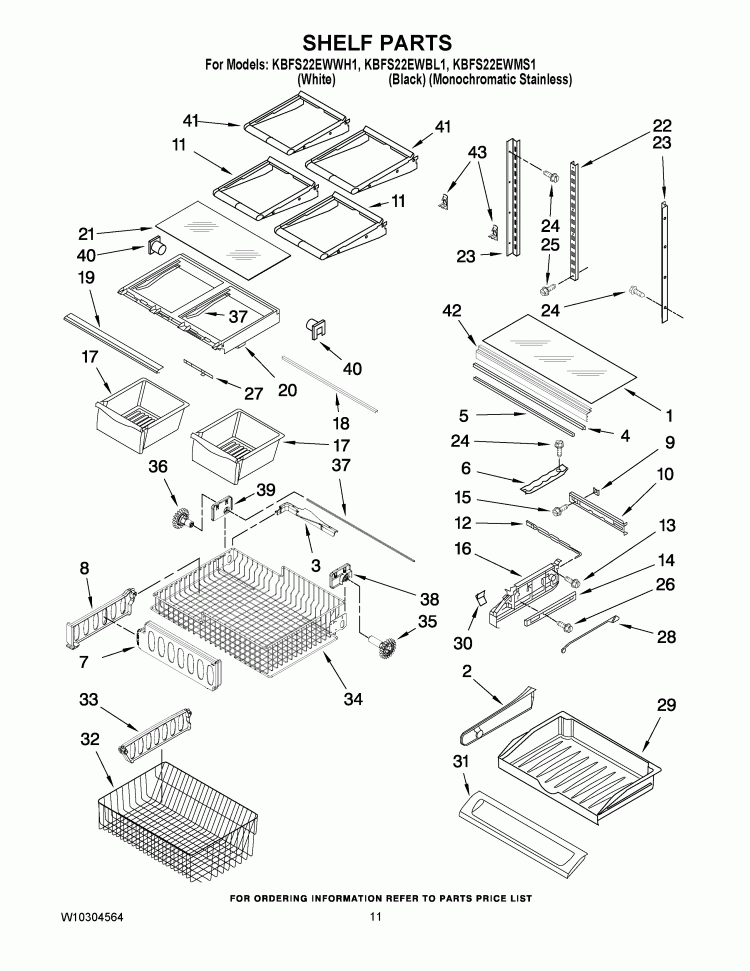 SHELF PARTS Diagram and Parts List for KBFS22EWMS1  KitchenAid Refrigerator