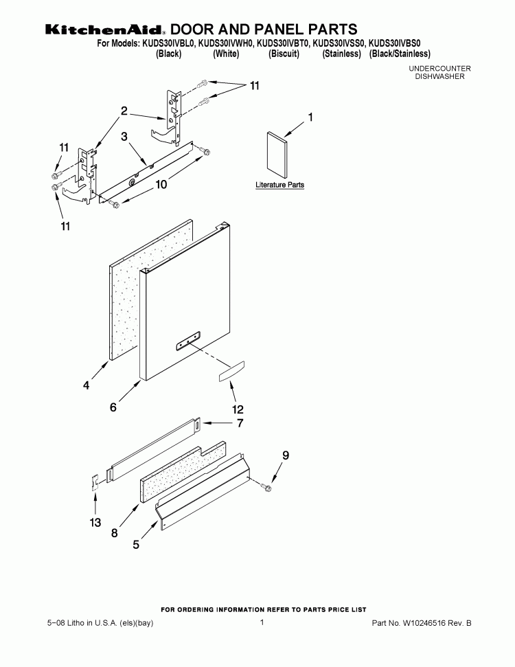 DOOR AND PANEL PARTS Diagram and Parts List for KUDS30IVSS0  KitchenAid Dishwasher