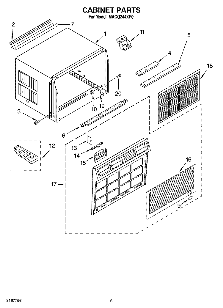 CABINET PARTS Diagram and Parts List for MACQ244XP0  Whirlpool Air Conditioner