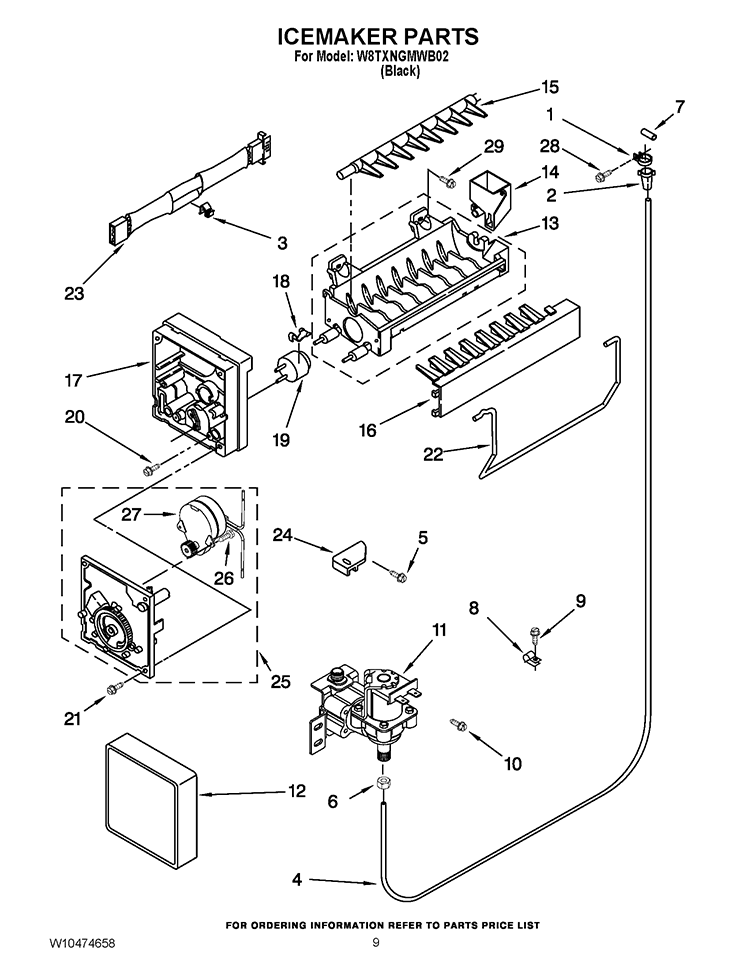 ICEMAKER PARTS Diagram and Parts List for W8TXNGMWB02  Whirlpool Refrigerator