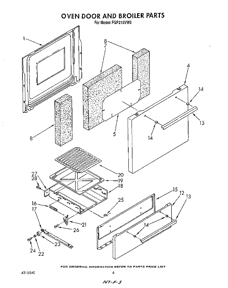 OVEN DOOR AND BROILER Diagram and Parts List for FGP215VW0  Roper Range