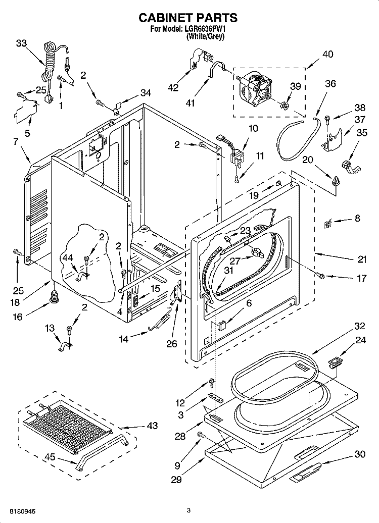 CABINET PARTS Diagram and Parts List for LGR6636PW1  Whirlpool Dryer