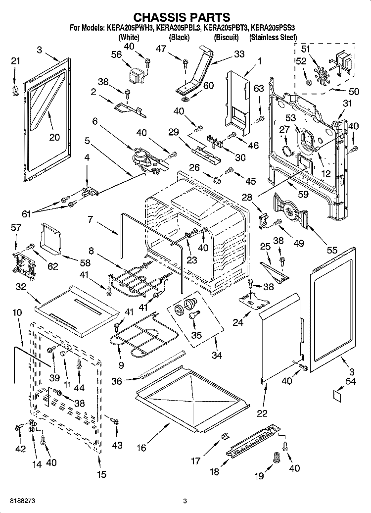 CHASSIS PARTS Diagram and Parts List for KERA205PBT3  KitchenAid Range
