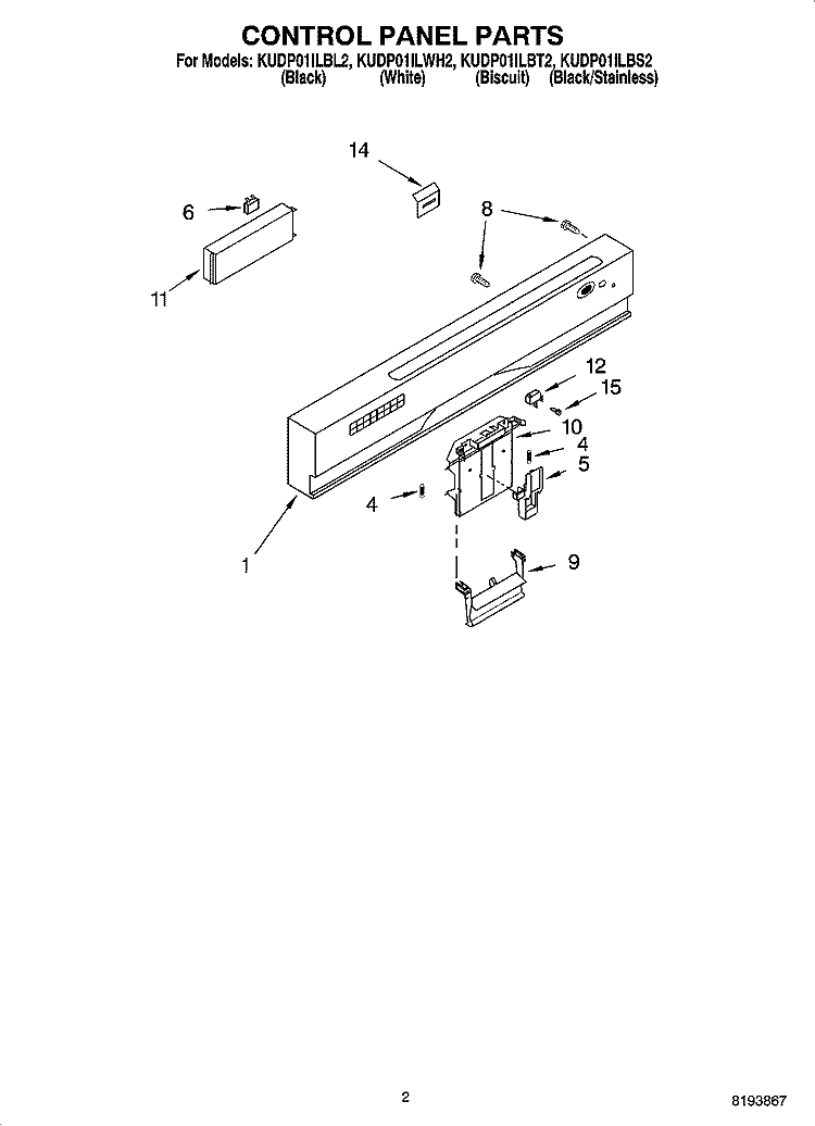 CONTROL PANEL PARTS Diagram and Parts List for KUDP01ILWH2  KitchenAid Dishwasher