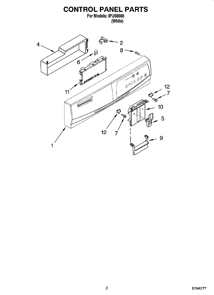CONTROL PANEL PARTS Diagram and Parts List for IPU98666  Inglis Dishwasher