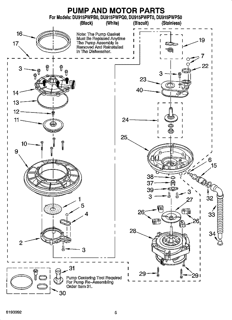 PUMP AND MOTOR PARTS Diagram and Parts List for DU915PWPS0  Whirlpool Dishwasher
