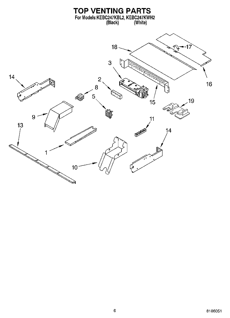 TOP VENTING PARTS, MISCELLANEOUS PARTS Diagram and Parts List for KEBC247KWH2  KitchenAid Wall Oven