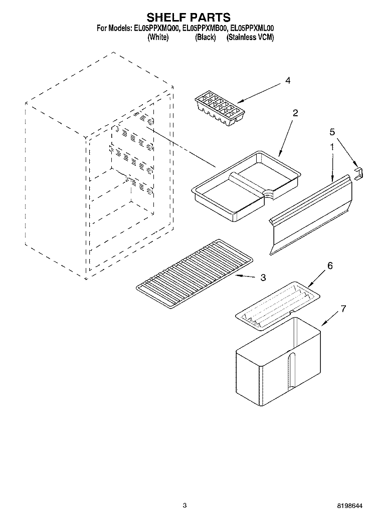 SHELF PARTS Diagram and Parts List for EL05PPXMB00  Whirlpool Refrigerator