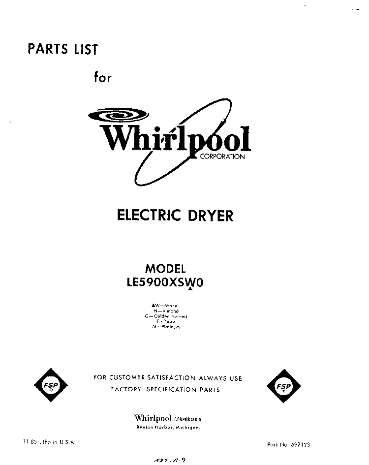 SECTION Diagram and Parts List for LE5900XSW0  Whirlpool Dryer