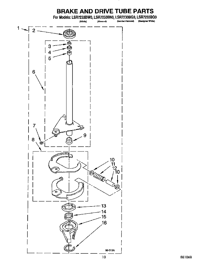 BRAKE AND DRIVE TUBE Diagram and Parts List for LSR7233BQ0  Whirlpool Washer