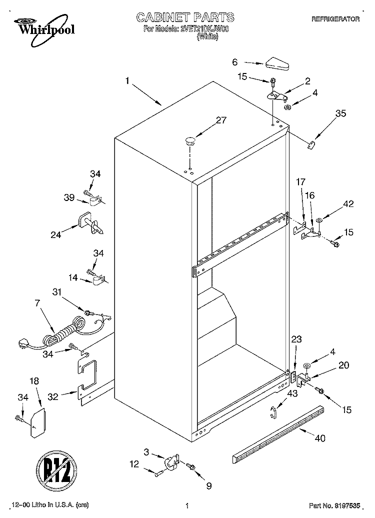 CABINET Diagram and Parts List for 2VET21DKJW00  Whirlpool Refrigerator