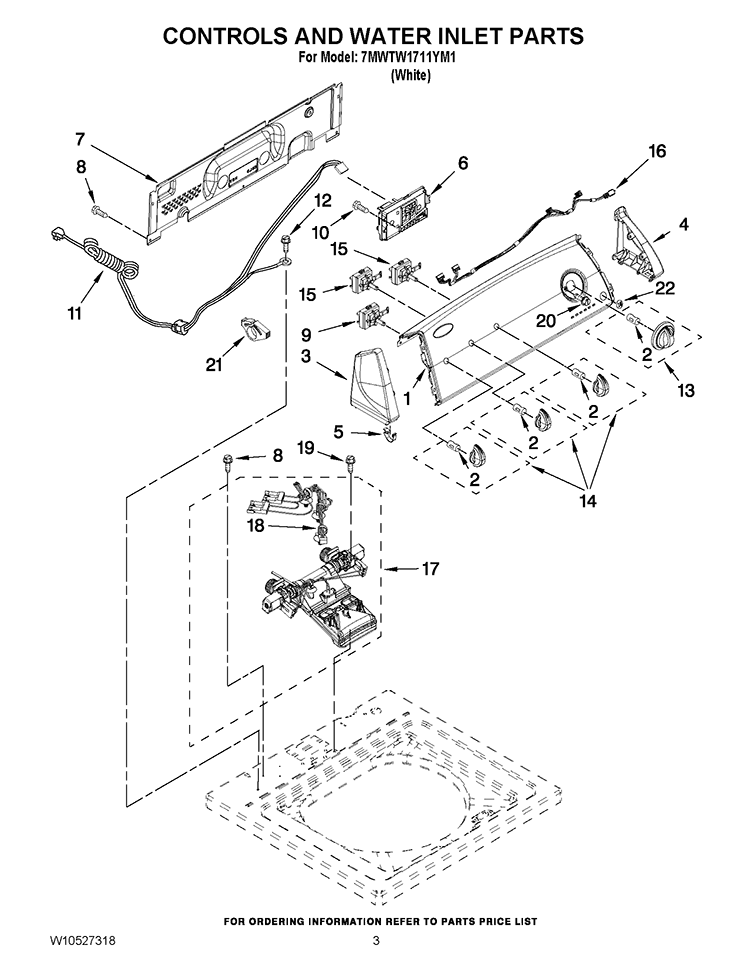CONTROLS AND WATER INLET PARTS Diagram and Parts List for 7MWTW1711YM1  Whirlpool Washer