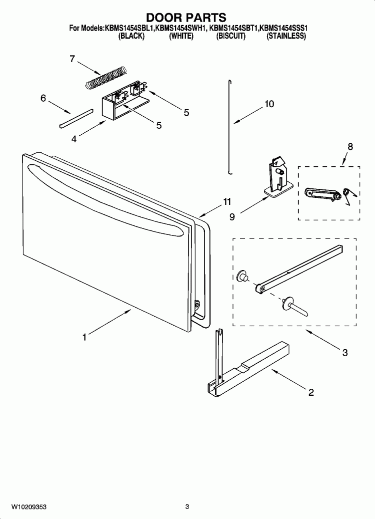 DOOR PARTS Diagram and Parts List for KBMS1454SBT1  KitchenAid Microwave