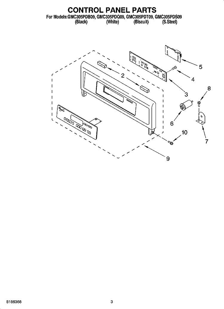 CONTROL PANEL PARTS Diagram and Parts List for GMC305PDS09  Whirlpool Microwave Oven Combo