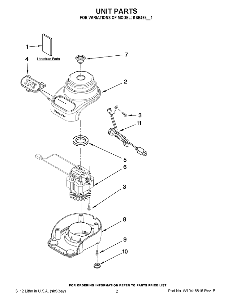 UNIT PARTS Diagram and Parts List for KSB465WH1  KitchenAid Blender