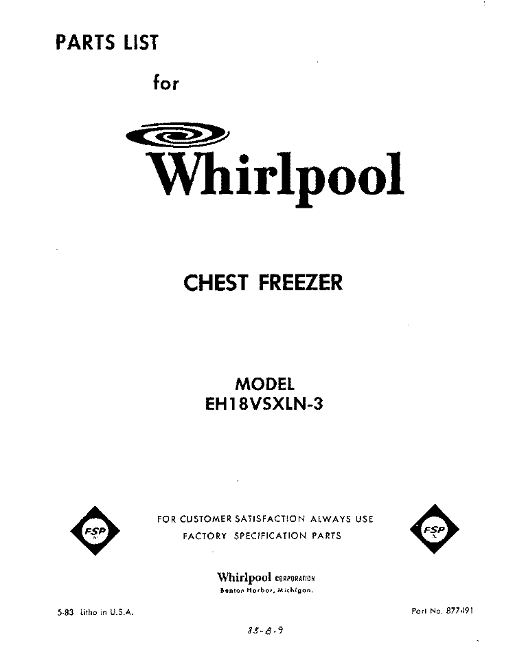 SECTION Diagram and Parts List for EH18VSXLN3  Whirlpool Freezer