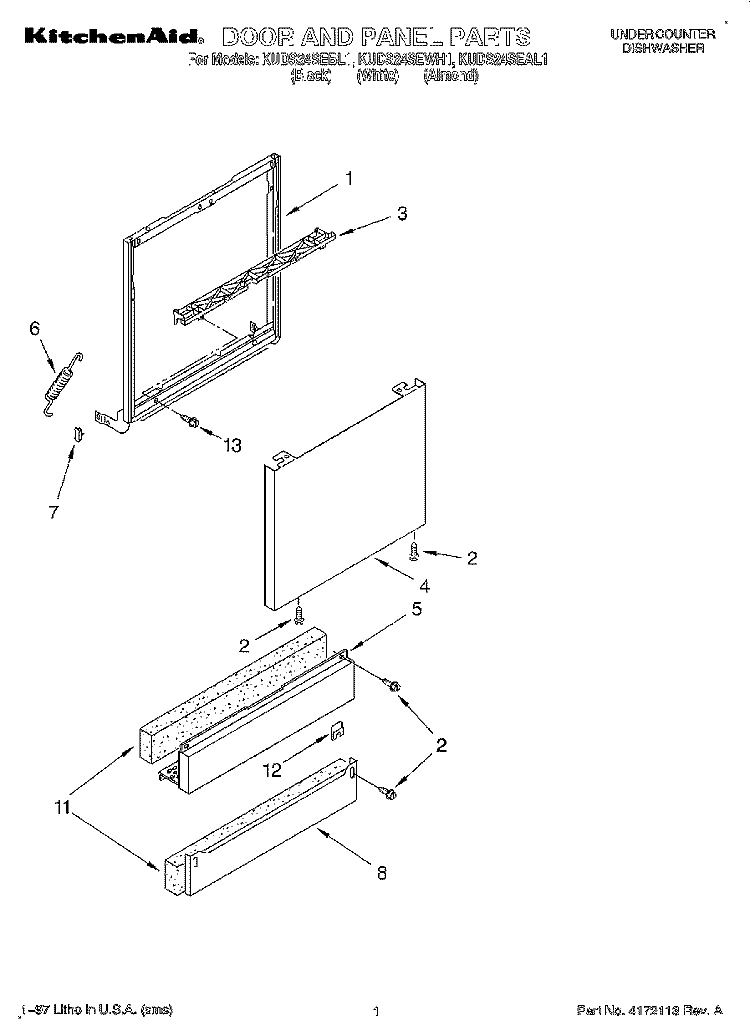 DOOR AND PANEL Diagram and Parts List for KUDS24SEAL1  KitchenAid Dishwasher