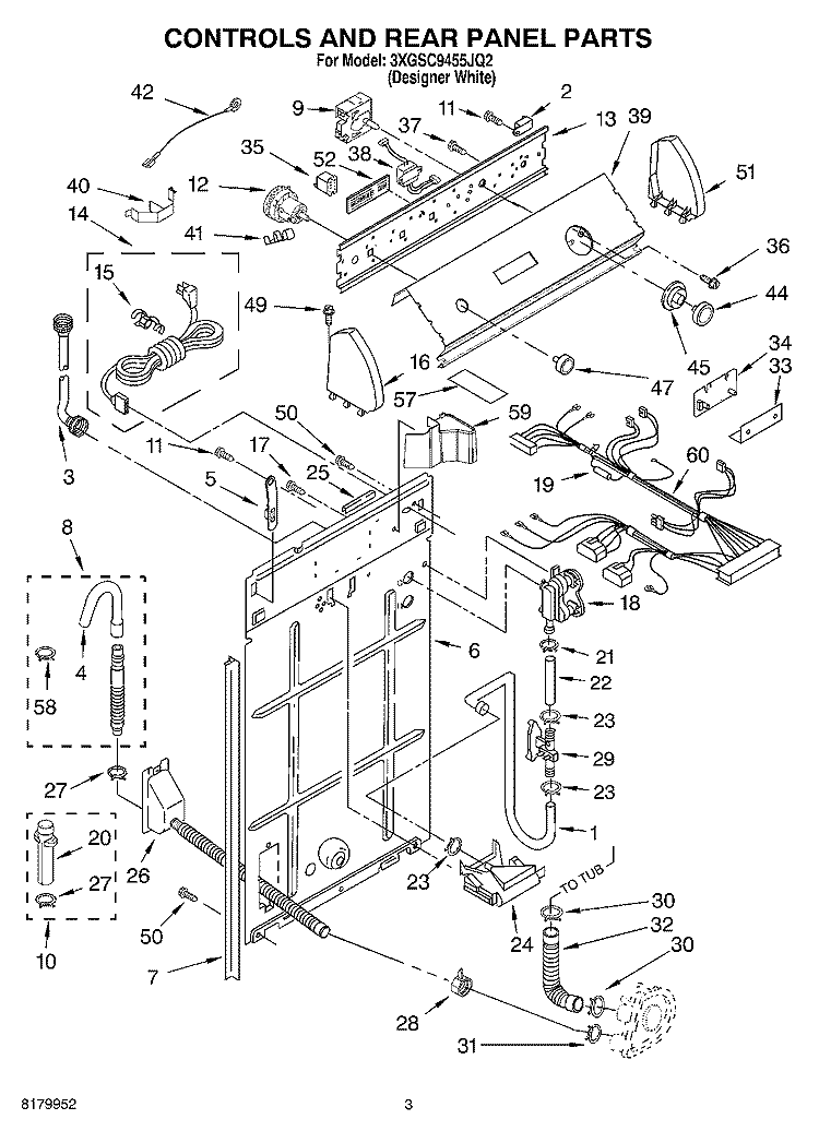 CONTROLS AND REAR PANEL PARTS Diagram and Parts List for 3XGSC9455JQ2  Whirlpool Washer