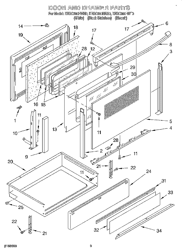 DOOR AND DRAWER Diagram and Parts List for KERC600HBT0  KitchenAid Range