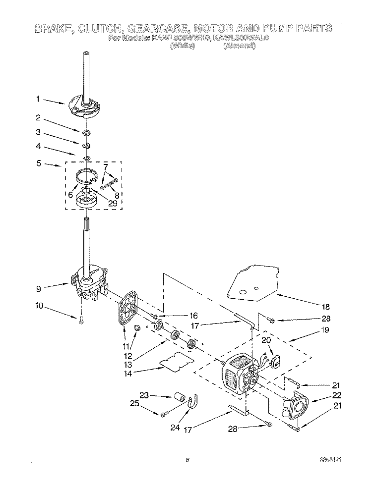 BRAKE, CLUTCH, GEARCASE, MOTOR AND PUMP Diagram and Parts List for KAWL500WWH0  KitchenAid Washer