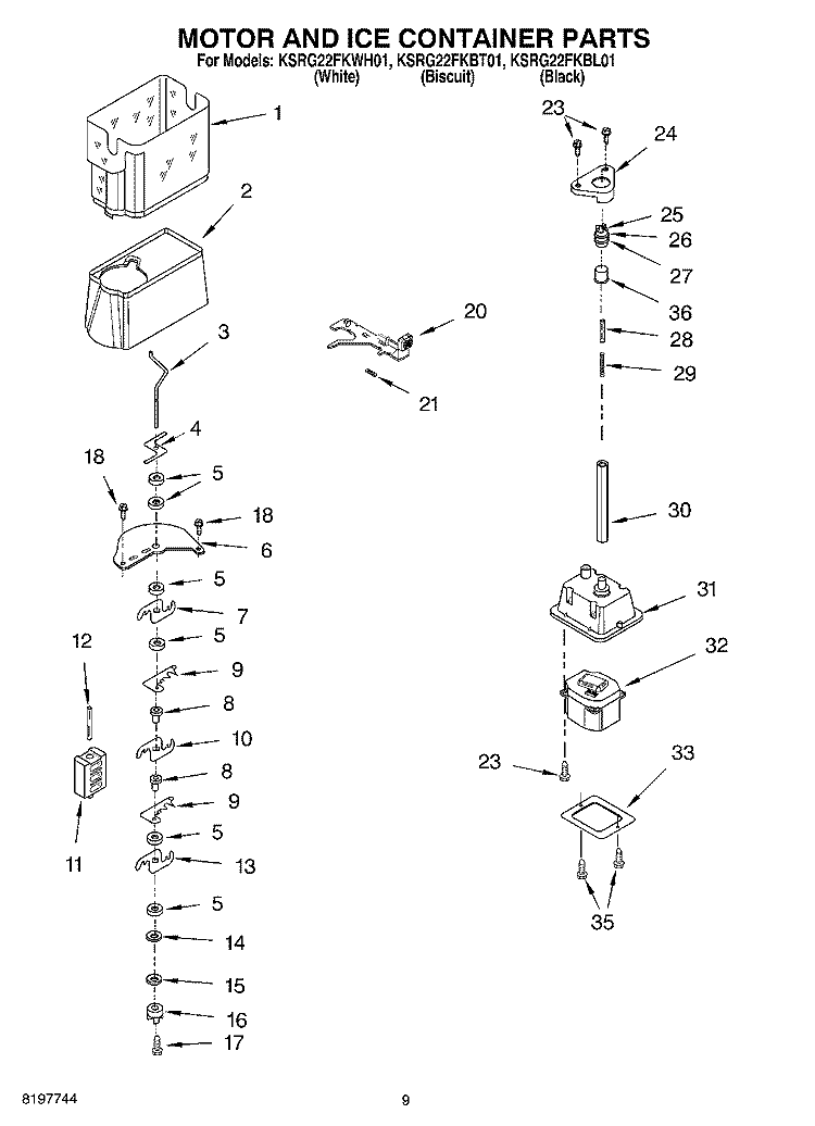 MOTOR AND ICE CONTAINER Diagram and Parts List for KSRG22FKBL01  KitchenAid Refrigerator