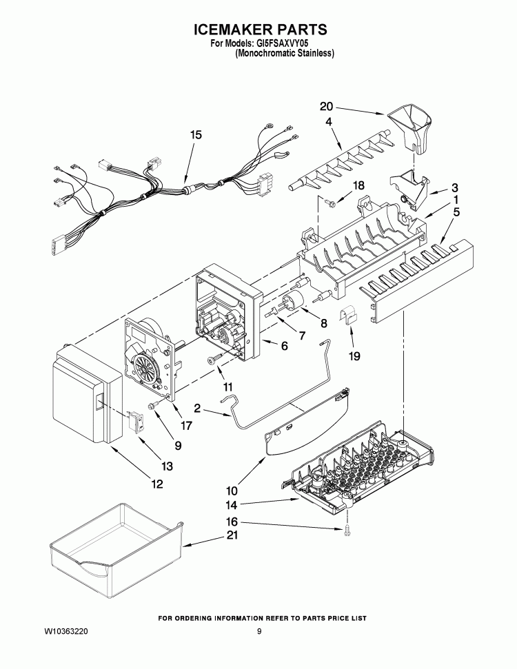 ICEMAKER PARTS Diagram and Parts List for GI5FSAXVY05  Whirlpool Refrigerator