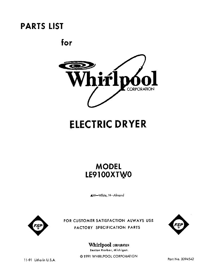 SECTION Diagram and Parts List for LE9100XTN0  Whirlpool Dryer