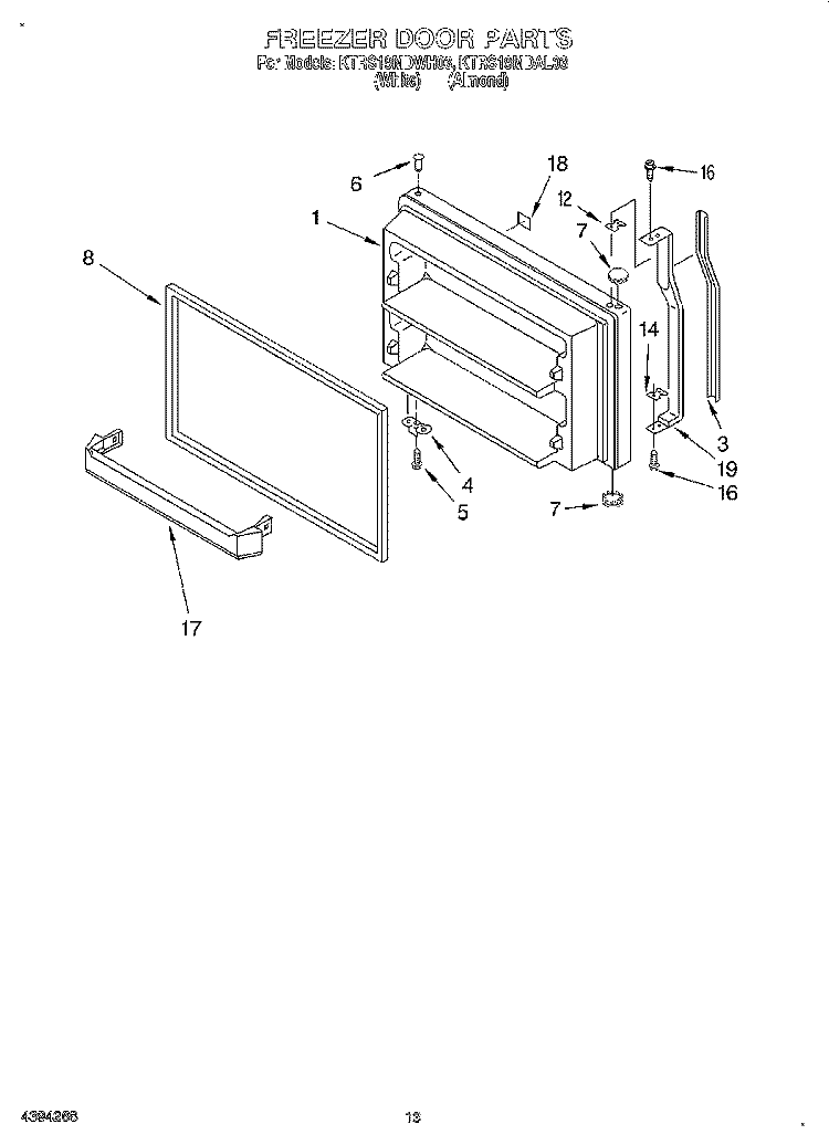 FREEZER DOOR, LIT/OPTIONAL Diagram and Parts List for KTRS19MDWH03  KitchenAid Refrigerator