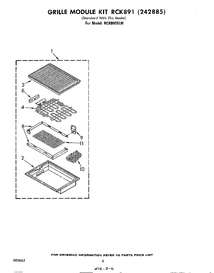 GRILLE KIT RCK 891 (242885) Diagram and Parts List for RC8800XLH  Whirlpool Cooktop
