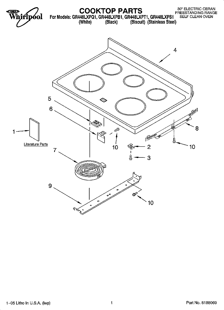 COOKTOP PARTS Diagram and Parts List for GR448LXPS1  Whirlpool Range
