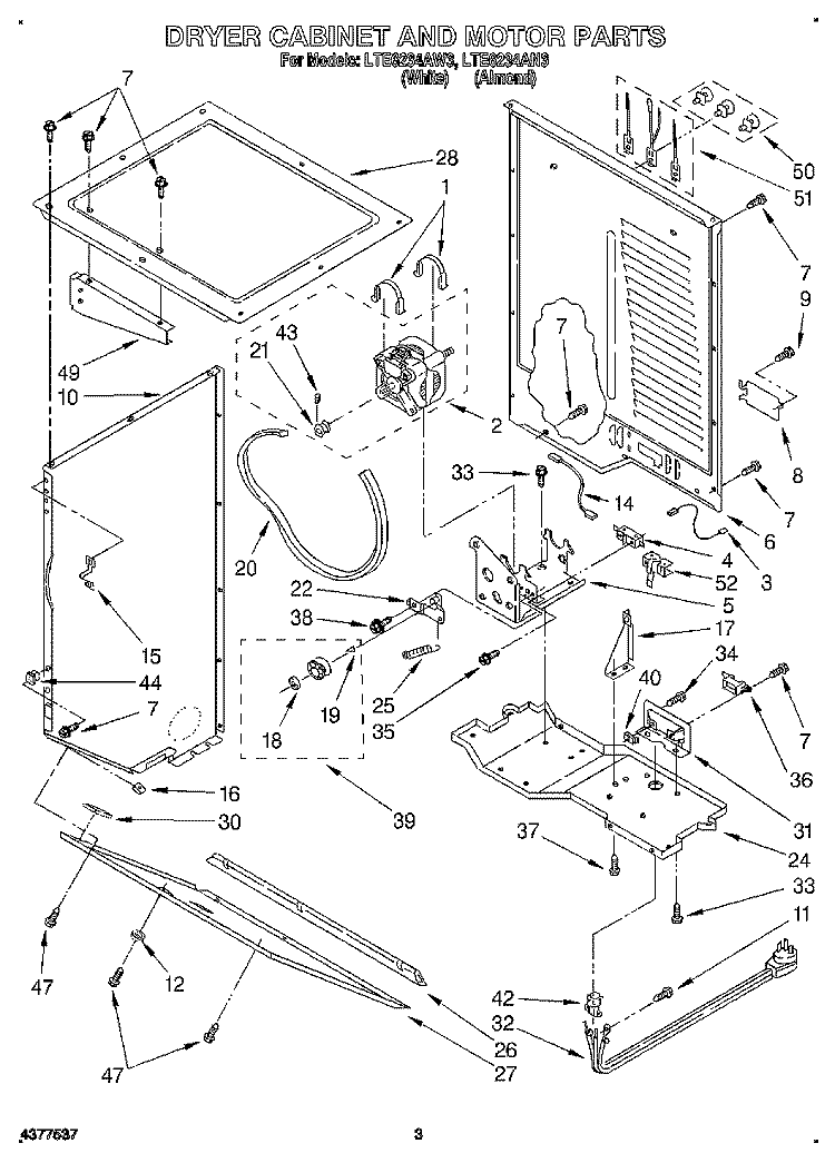 DRYER CABINET AND MOTOR Diagram and Parts List for LTE6234AW3  Whirlpool Washer Dryer Combo