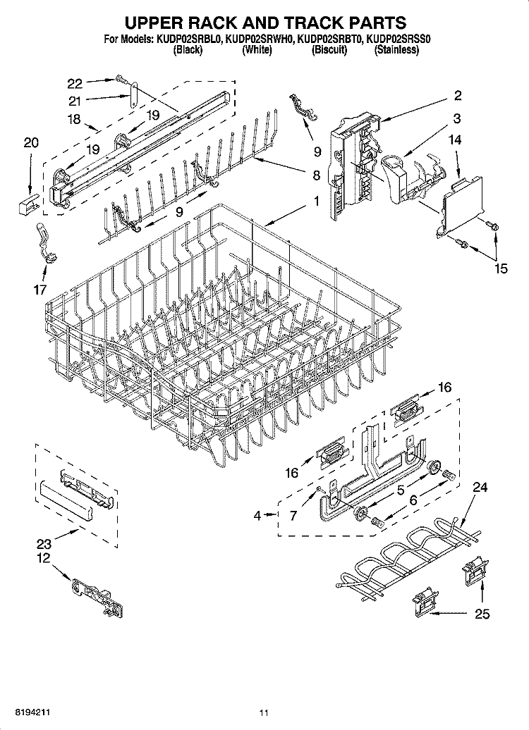 UPPER RACK AND TRACK PARTS Diagram and Parts List for KUDP02SRBT0  KitchenAid Dishwasher