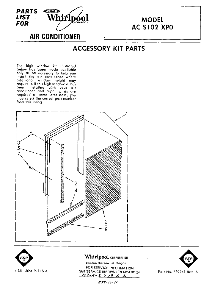 SECTION Diagram and Parts List for ACS102XP0  Whirlpool Air Conditioner